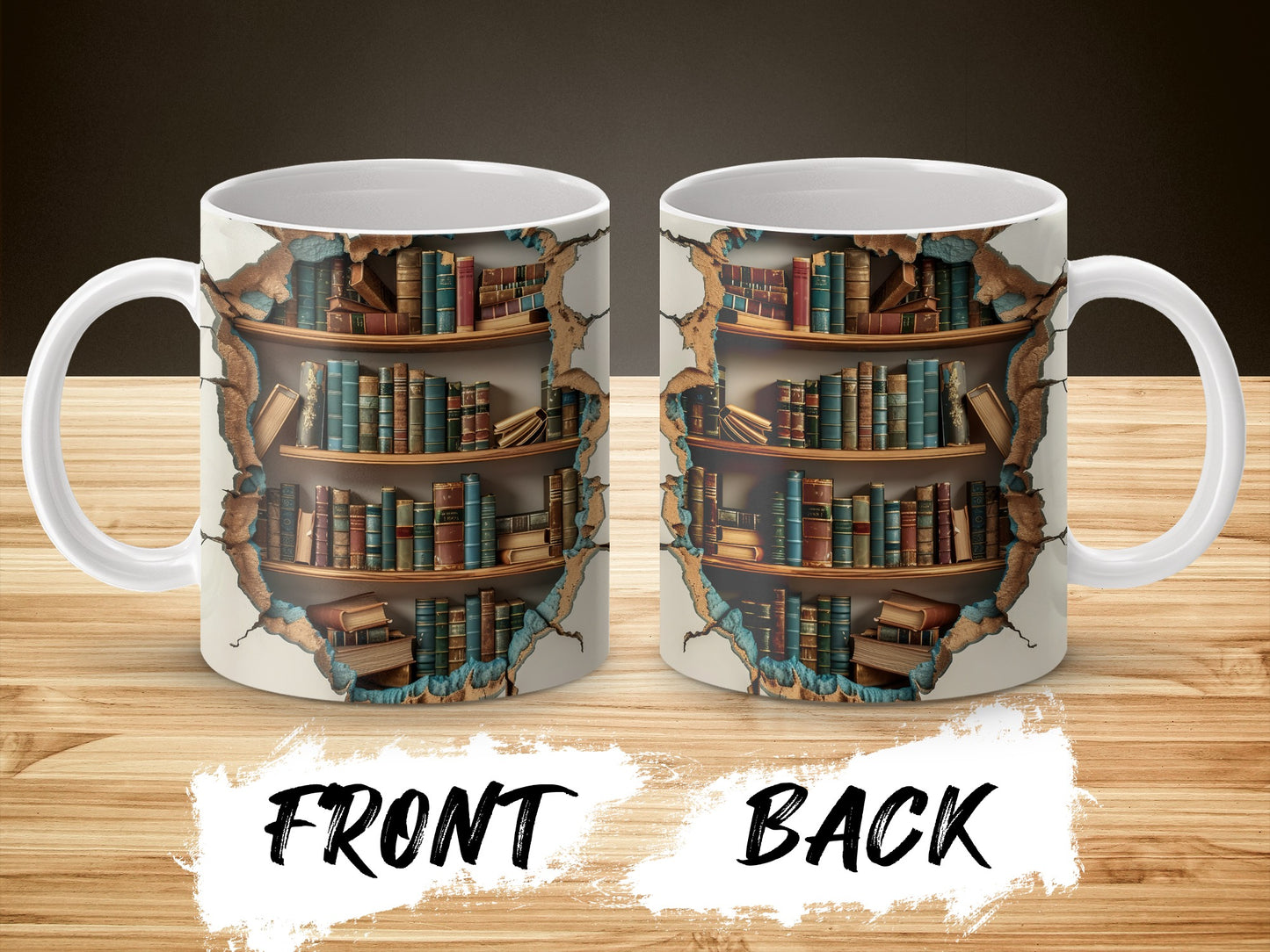 Library Bookshelf Design Coffee Mug, Vintage Book Lover Gift, Double-Sided Printed Ceramic Cup