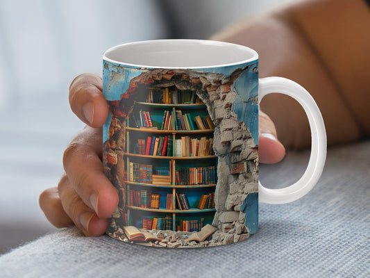Bookshelf Design Coffee Mug, Unique Library Art Cup, Book Lover Gift, Ceramic Tea Mug