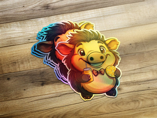 Happy Pig Drinking Lemonade on Wooden Surface product type
