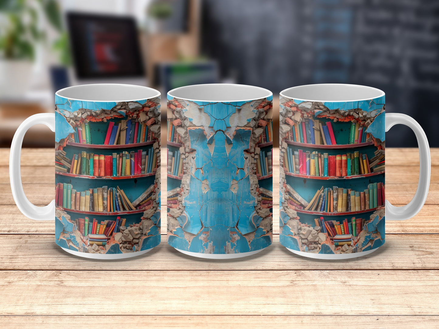 Vintage Library Bookshelf Design Mug, Antique Books Print Coffee Cup, Peeling Paint Aesthetic, Unique Literary Gift