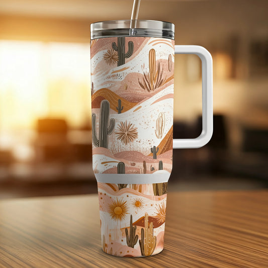 Southwestern Desert Scene Insulated Travel Mug, Cactus Sun Landscape, Reusable Coffee Cup with Lid