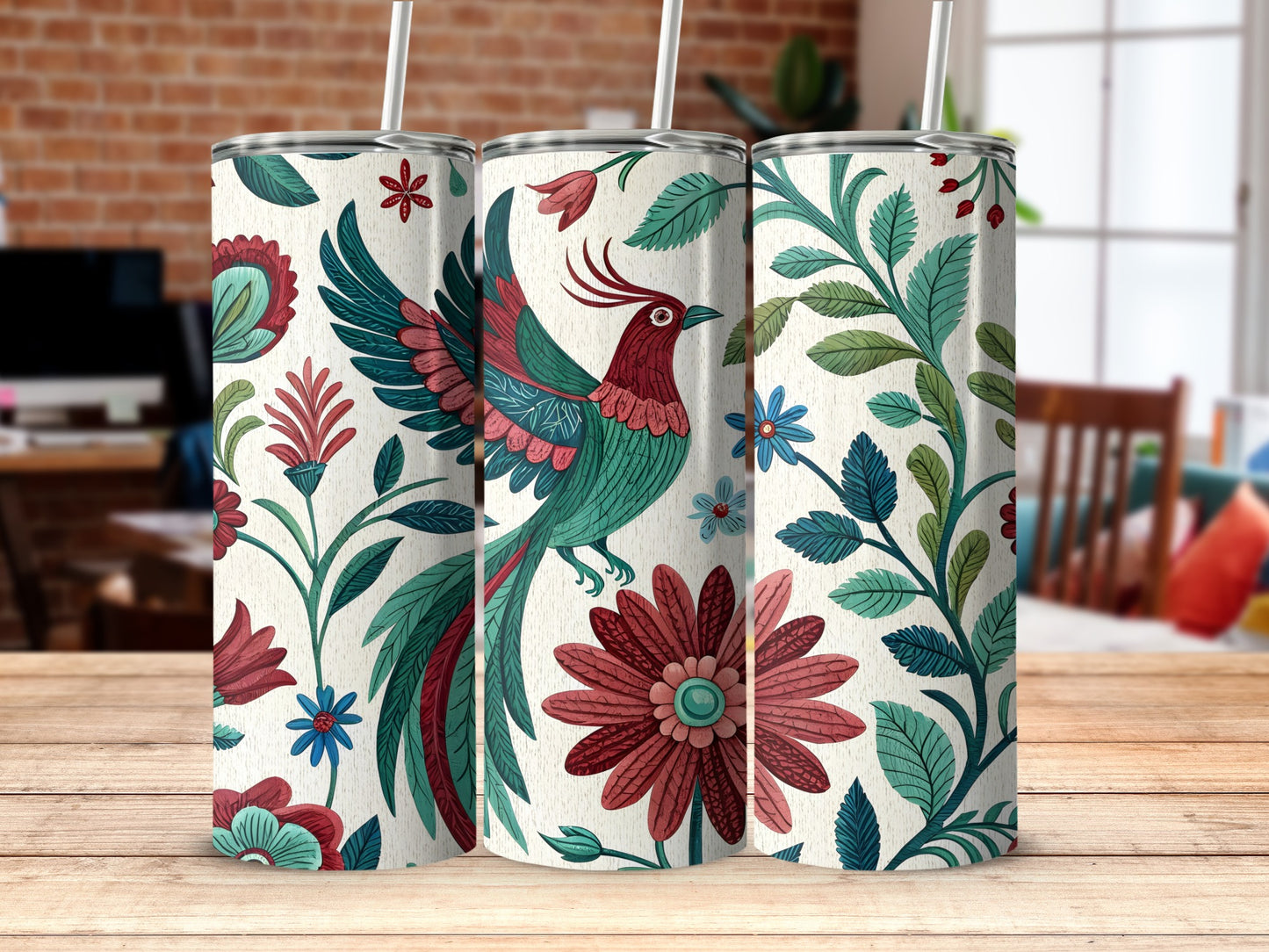 Floral Pattern Tumbler with Colorful Exotic Bird Design product type