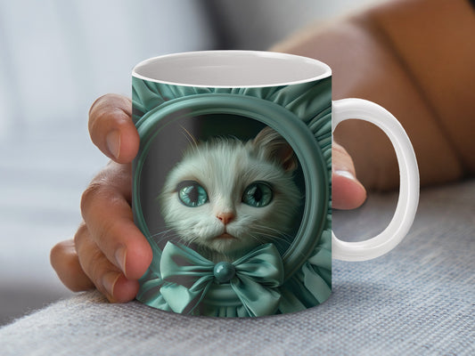 Cute Cat Mug with Bowtie, Turquoise Coffee Cup, Kitten Lover Gift, Unique Cat-Themed Drinkware, Perfect Cat Owner Present