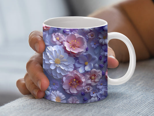 Floral Ceramic Mug, Purple and Blue Flowers Design, Elegant Coffee Cup, Perfect Gift Idea