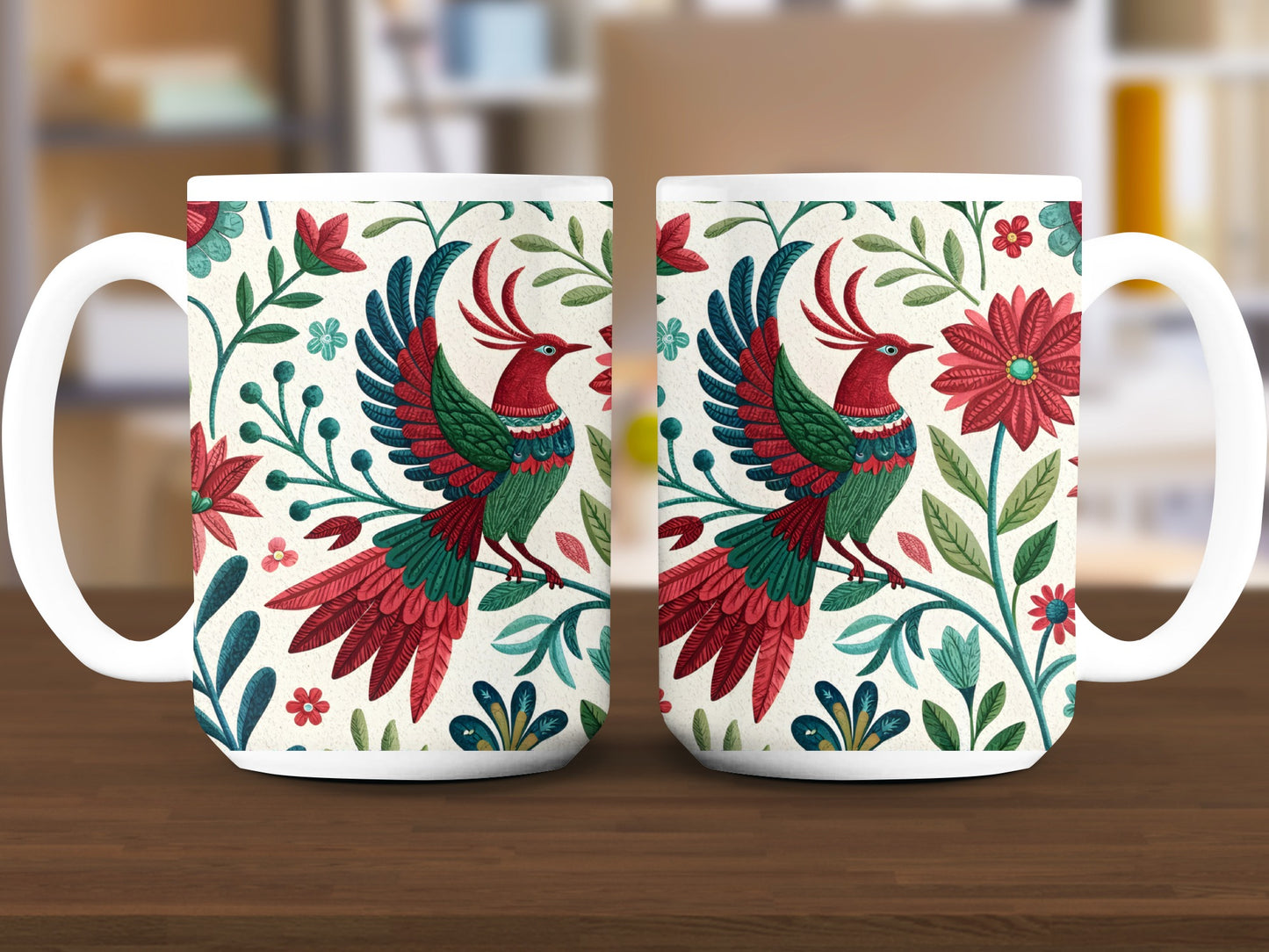 Colorful Folk Art Bird and Floral Pattern Mug product