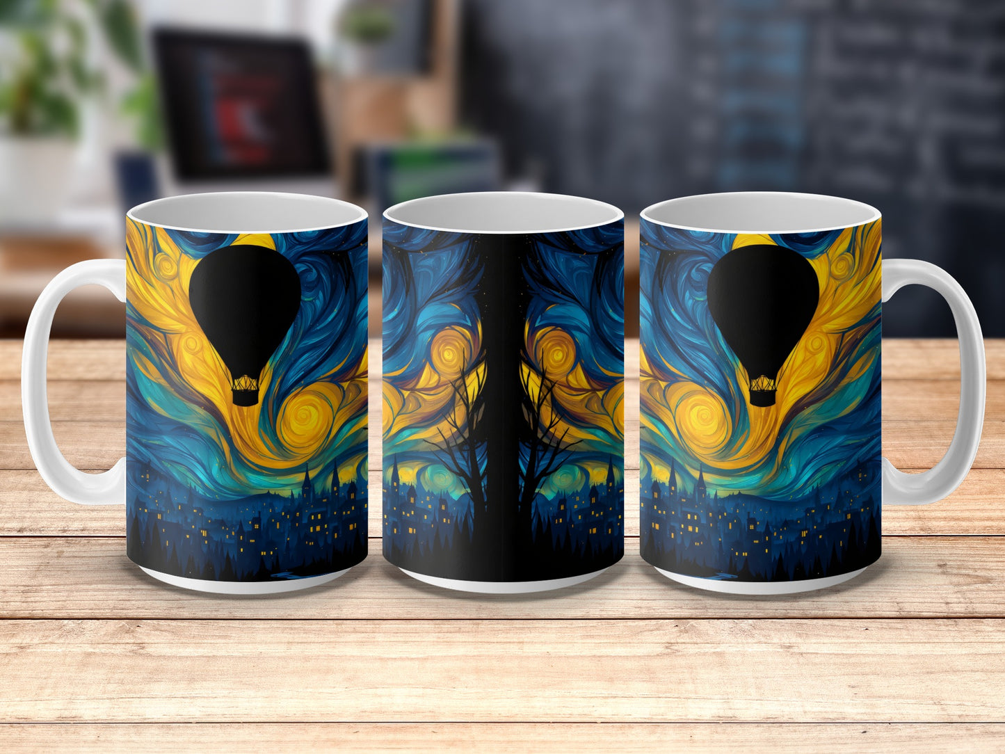 Van Gogh Inspired Starry Night Ceramic Mugs, Artistic Hot Air Balloon Coffee Cups, Unique Gift Idea