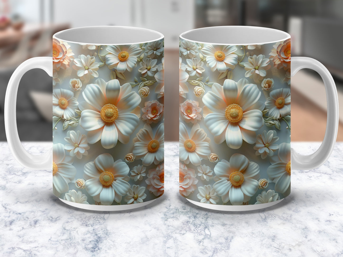 Floral Coffee Mugs, Daisy Tea Cups, Elegant Flower Print Kitchenware, Spring Gift Idea