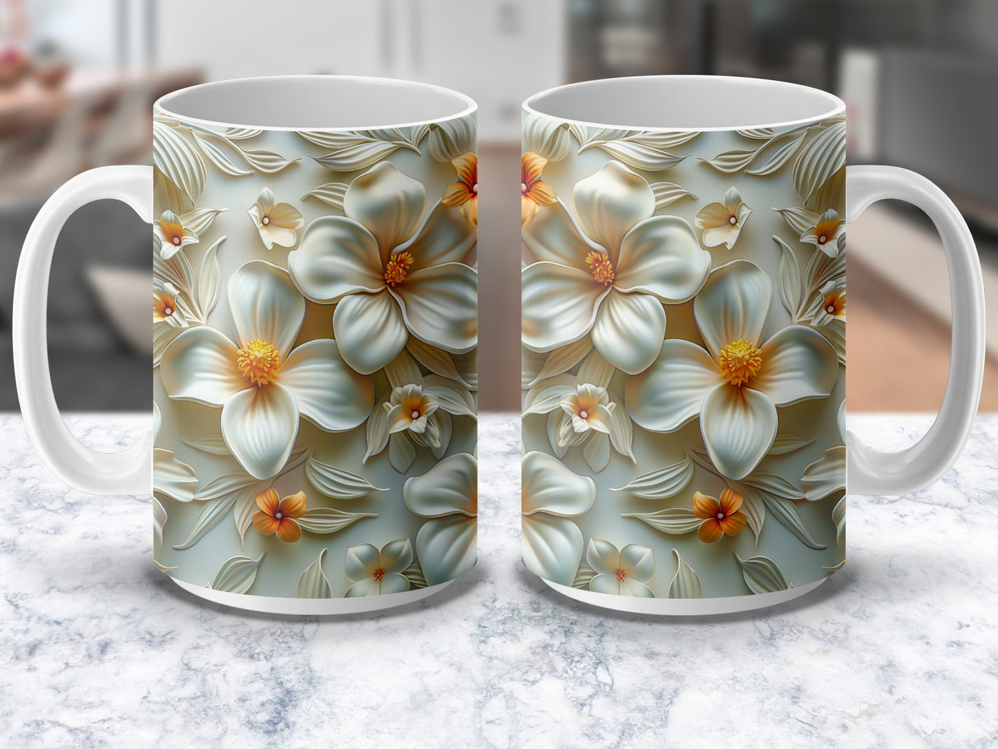 Elegant Floral Coffee Mug Set, White and Yellow Blossoms, Kitchen Decor, Gift Idea, Ceramic Mugs, Flower Print Drinkware