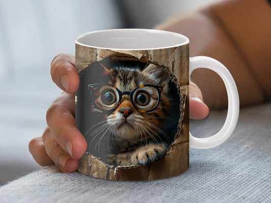 Cute Cat Mug with Glasses, Unique Coffee Mug, Cat Lover Gift, Novelty Kitten Mug
