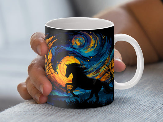 Starry Night Sky and Horse Silhouette Coffee Mug, Vibrant Artistic Drinkware, Unique Gift Idea