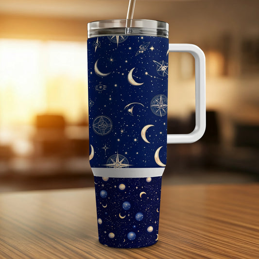 Insulated Travel Mug, Celestial Design, Moon and Stars, Nautical Compass, Navy Blue, Stainless Steel Tumbler with Straw