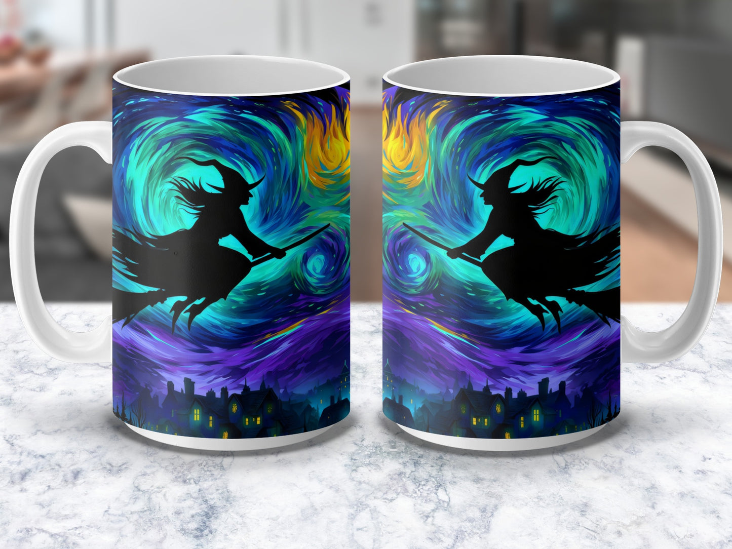Witch Silhouette Coffee Mugs, Vibrant Swirling Colors, Halloween Theme, Spooky Night Sky, Set of 2