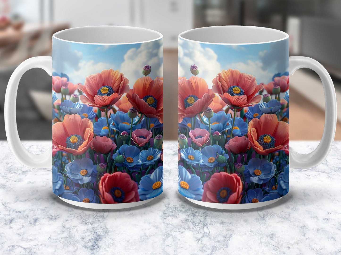 Colorful Floral Ceramic Mugs, Vibrant Poppy Flower Print, Kitchen Decor, Coffee Tea Cups, Gift Idea