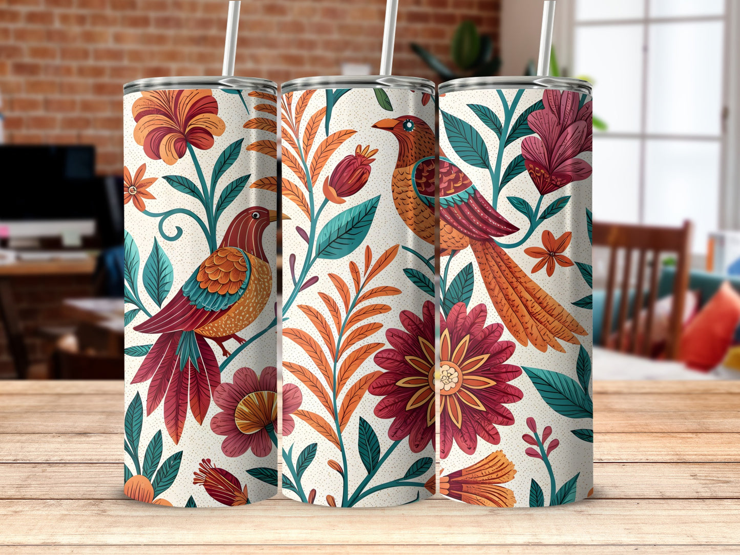 Colorful Floral Bird Pattern Tumbler Stylish Drinkware product