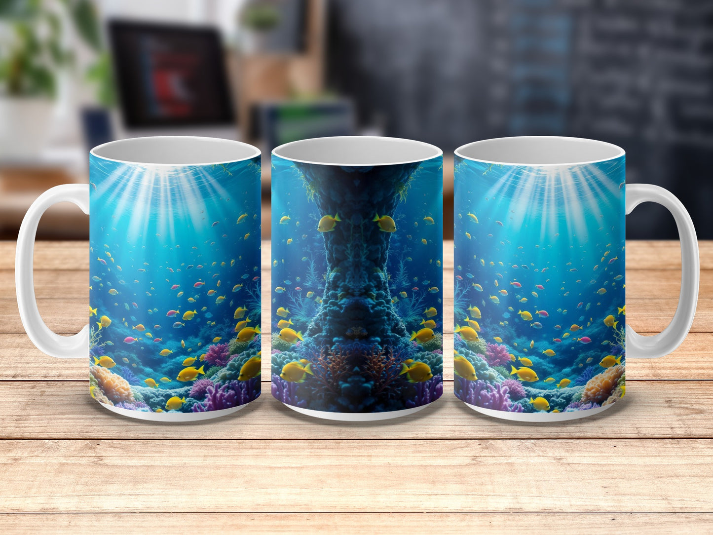 Ocean Theme Coffee Mugs, Colorful Fish and Coral Reef Design, Vibrant Blue Sea Decorative Drinkware, Set of 3 Mugs
