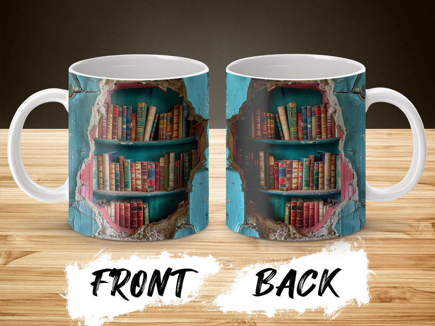 Vintage Library Bookshelf Design Coffee Mug, Blue Cracked Wall Texture, Unique Literary Gift for Book Lovers