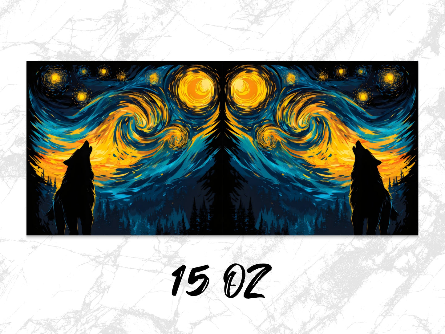 Wolf Silhouette Starry Night Art Print, Van Gogh Inspired Wall Decor, Large Canvas Home Decoration, Unique Wildlife Artwork 15 Oz