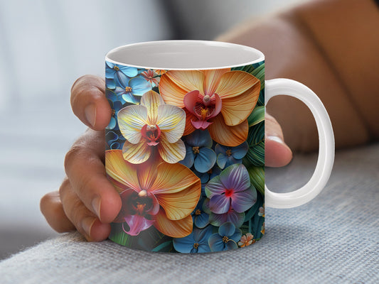 Colorful Floral Coffee Mug, Tropical Orchid Print Ceramic Cup, Gift for Plant Lovers, Unique Home Decor Kitchenware