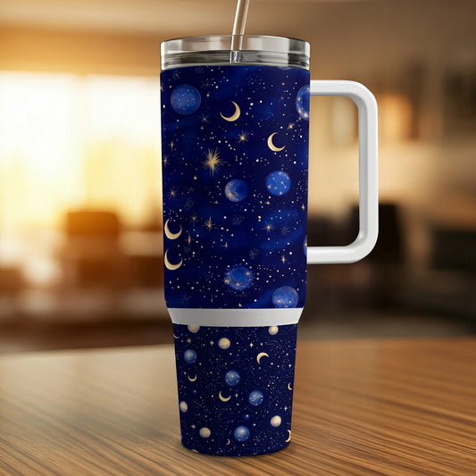 Celestial Tumbler, Navy Blue Starry Night Sky Cup, Stainless Steel Insulated Travel Mug, Galaxy Theme Drinkware with Straw