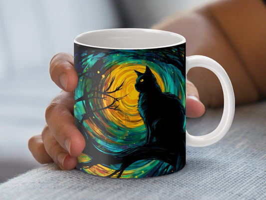 Artistic Black Cat Coffee Mug, Moon and Swirls Night Sky, Unique Ceramic Cup