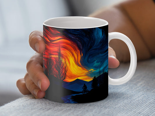 Colorful Abstract Art Coffee Mug, Unique Artistic Fire and Ocean Design, Gift for Artists