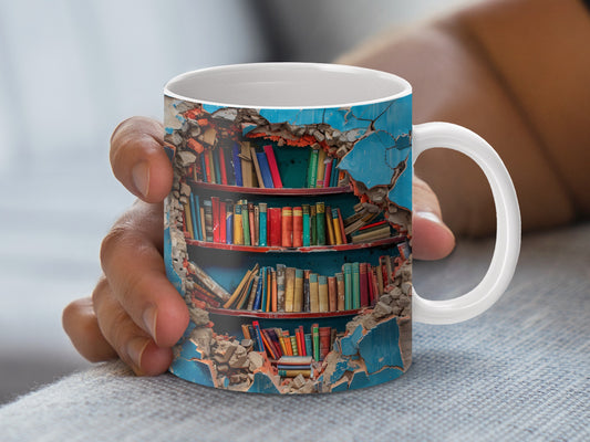 3D Bookshelf Illusion Coffee Mug, Unique Library Print Ceramic Cup, Gift for Readers, Book Lovers Tea Mug, Decorative Kitchenware