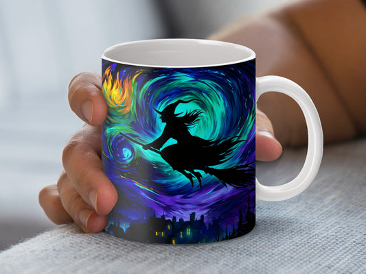 Witch Silhouette Magical Night Sky Coffee Mug, Halloween Theme Ceramic Cup, Unique Gift Idea