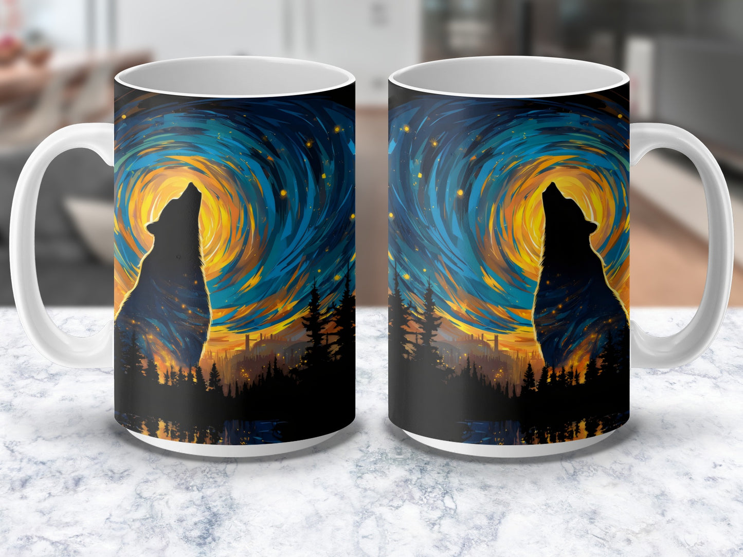 Van Gogh Style Starry Night Dog Silhouette Coffee Mug, Artistic Ceramic Cup