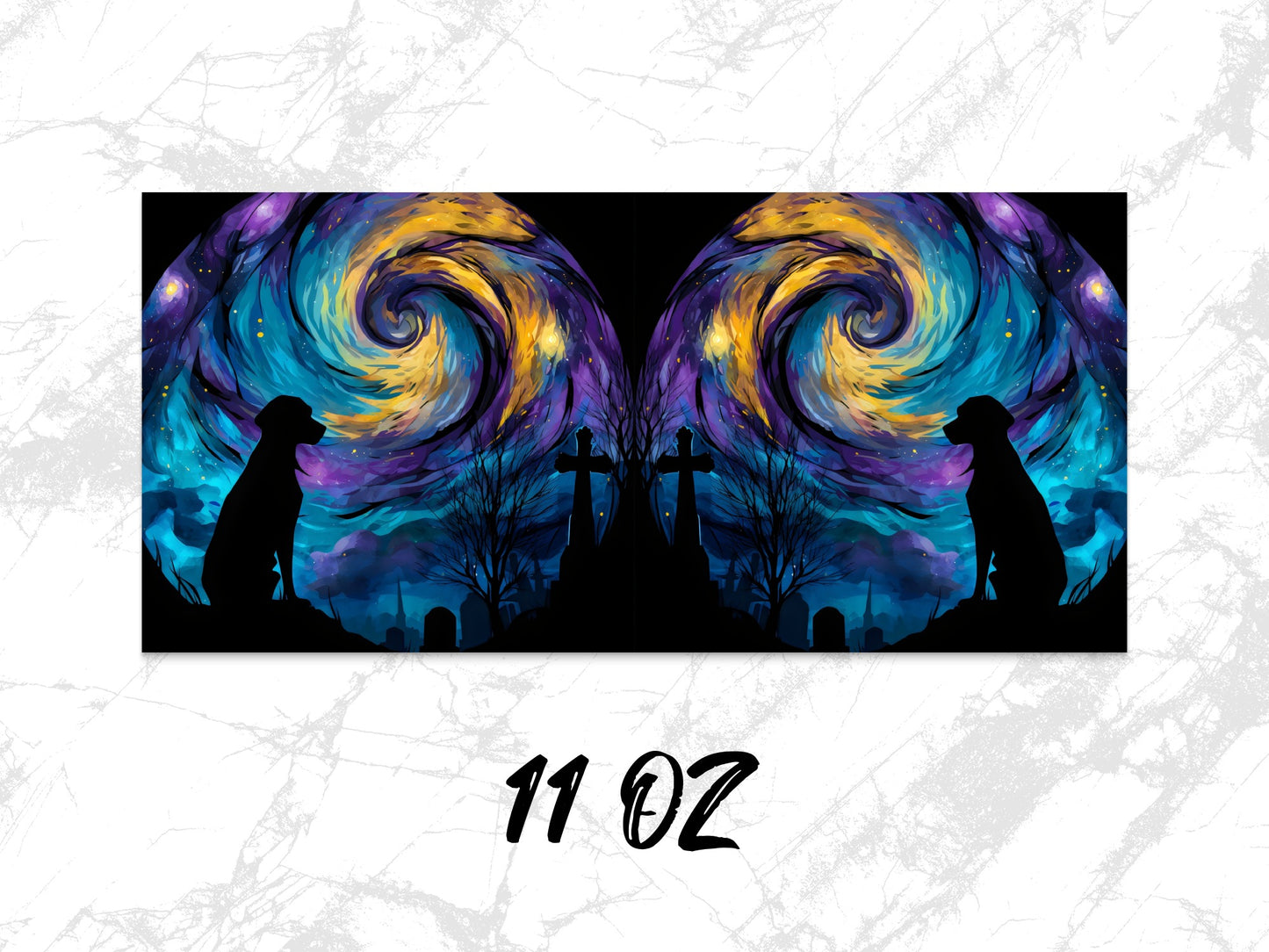 Galaxy Dog Silhouette Coffee Mug, Vibrant Space Art, Twin Swirl Design, Unique 11oz Black Ceramic Cup, Gift Idea