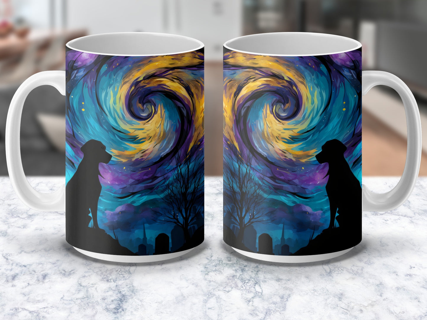 Colorful Van Gogh Style Starry Night Dog Silhouette Ceramic Mug, Artistic Coffee Cup Gift