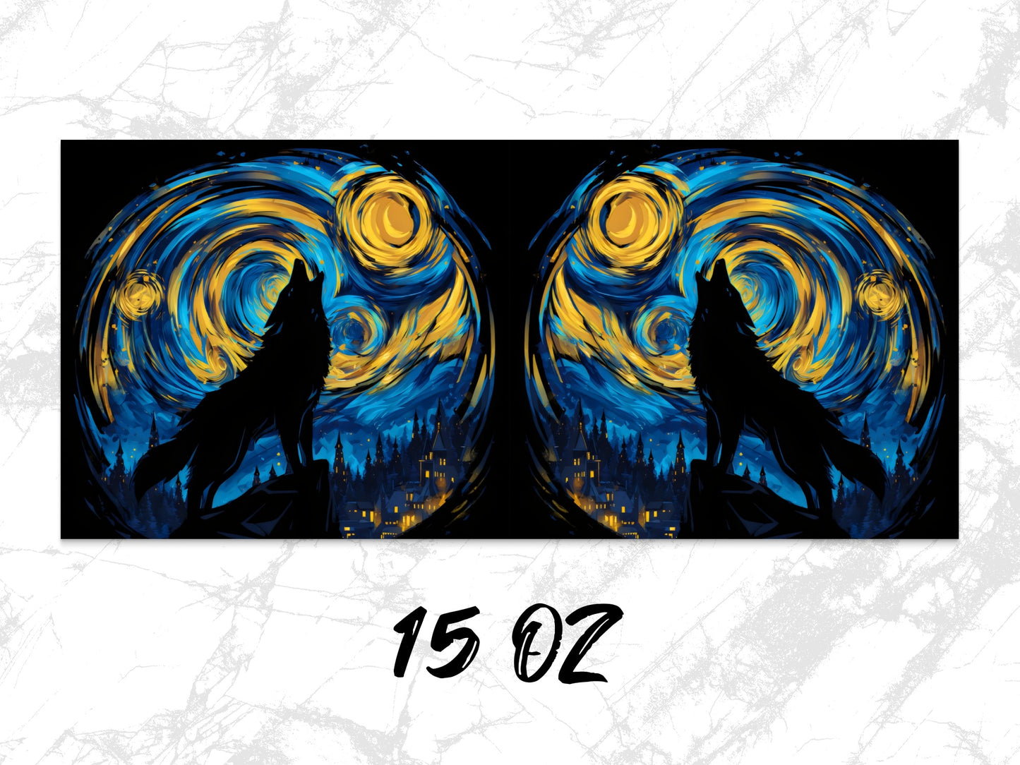 Starry Night Inspired Wolf Silhouette Dual Canvas Art Print, Modern Wall Decor, 15 OZ
