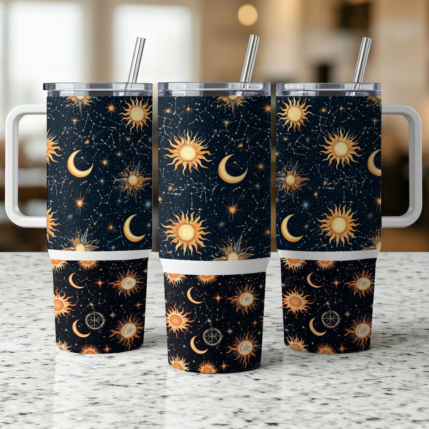 Celestial Tumbler Cup Set with Straws, Sun and Moon Design, Insulated Travel Drinkware, Unique Cosmic Pattern, Gift Idea