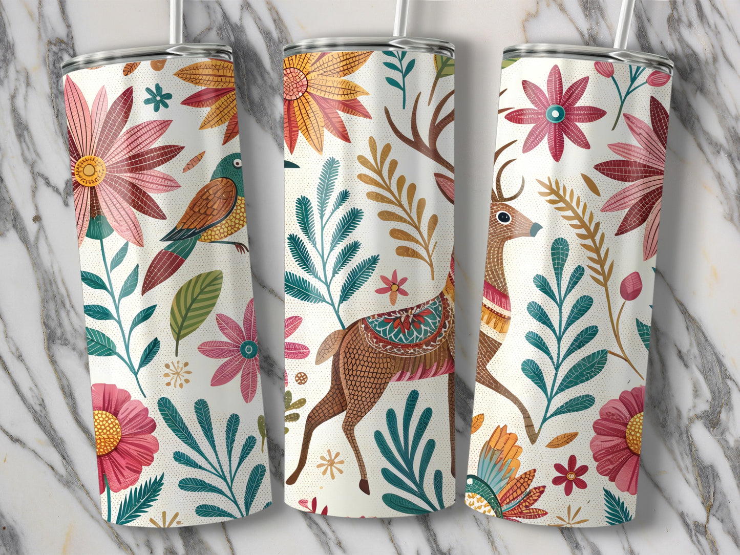 Floral Deer Themed Tall Artistic Beverage Container product