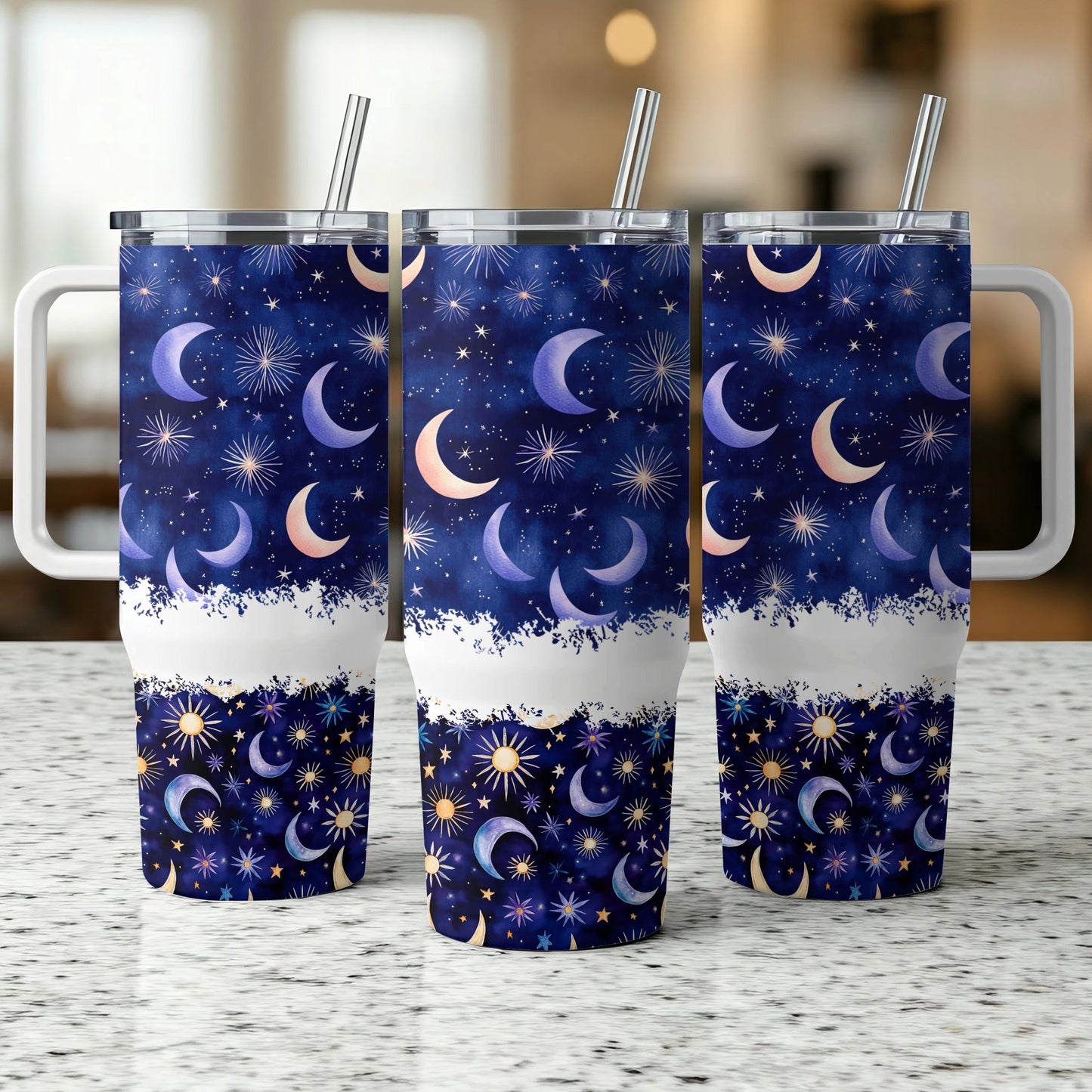 Celestial Tumblers with Straws, Moon and Stars Design, Insulated Stainless Steel Drinkware Set of 3