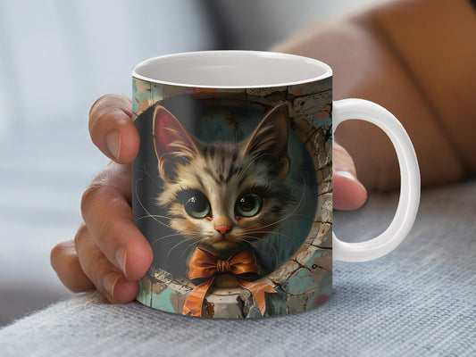 Cute Kitten Coffee Mug, Vintage Style Cat Illustration, Unique Gift for Cat Lovers, Ceramic Tea Cup