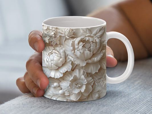 Elegant White Floral Ceramic Mug, 3D Flower Design Coffee Cup, Unique Gift Idea
