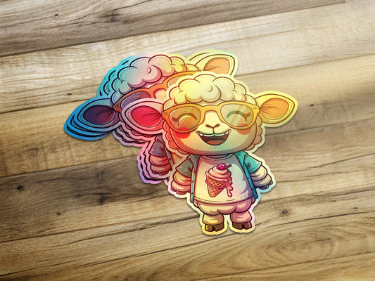 Happy Cartoon Sheep with Ice Cream Sticker product type