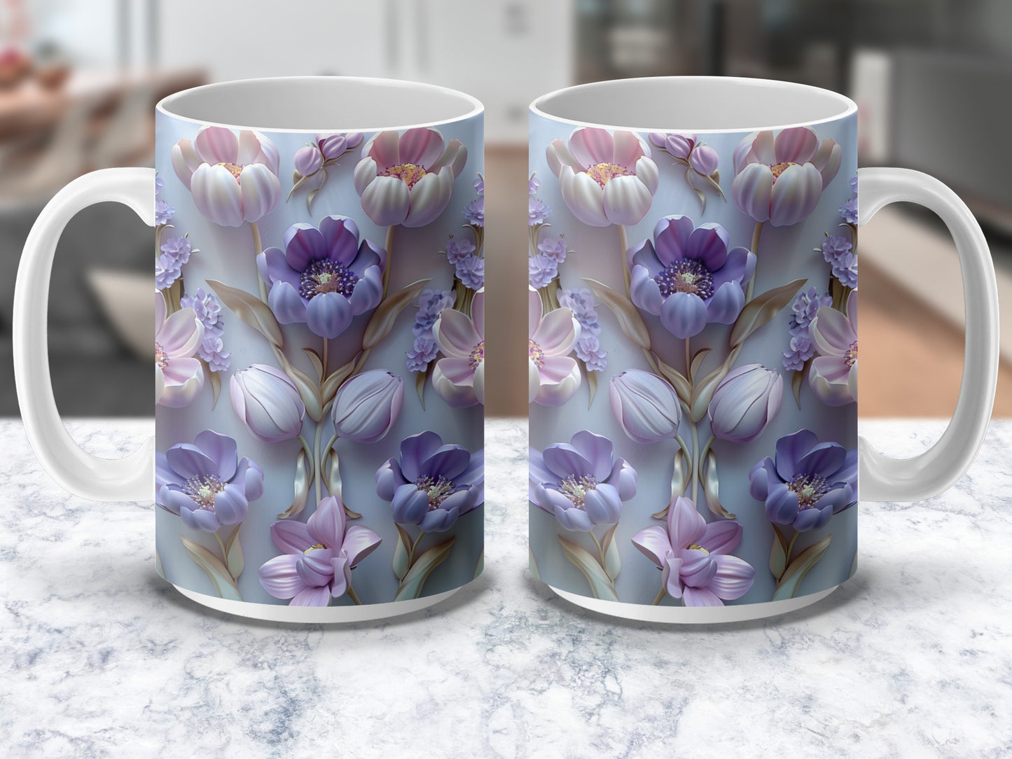 Floral Coffee Mug Set, Elegant Purple Flower Design, Ceramic Tea Cups, Home Decor Kitchen Essentials, Unique Gift Idea