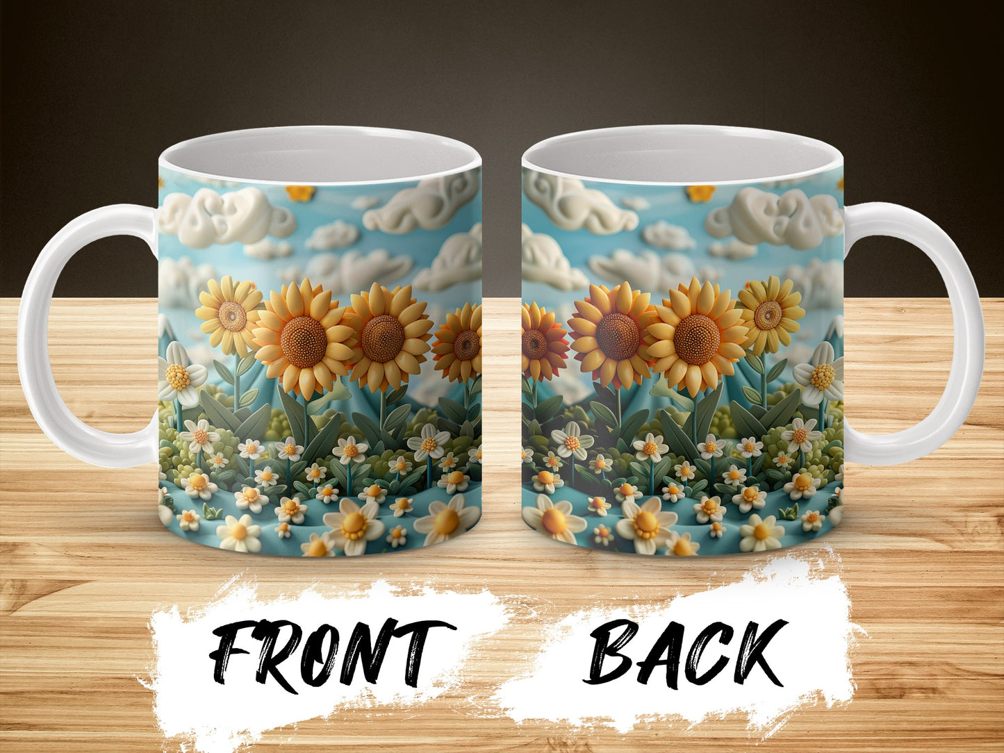 Sunflower Coffee Mug, Floral Sky Design, Ceramic Tea Cup, Bright Sunflowers and Clouds, Gift Idea, Kitchen Decor, Unique Drinkware