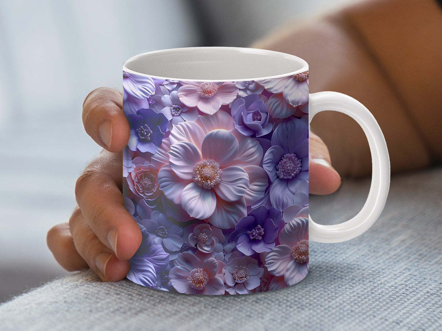 Floral Pattern Coffee Mug, Purple Flowers Ceramic Cup, Elegant Tea Mug Gift, Designer Drinkware for Home Office
