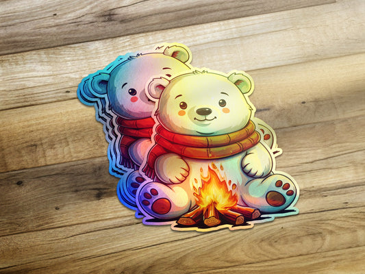 Adorable Bear Sitting by Fire Sticker product type
