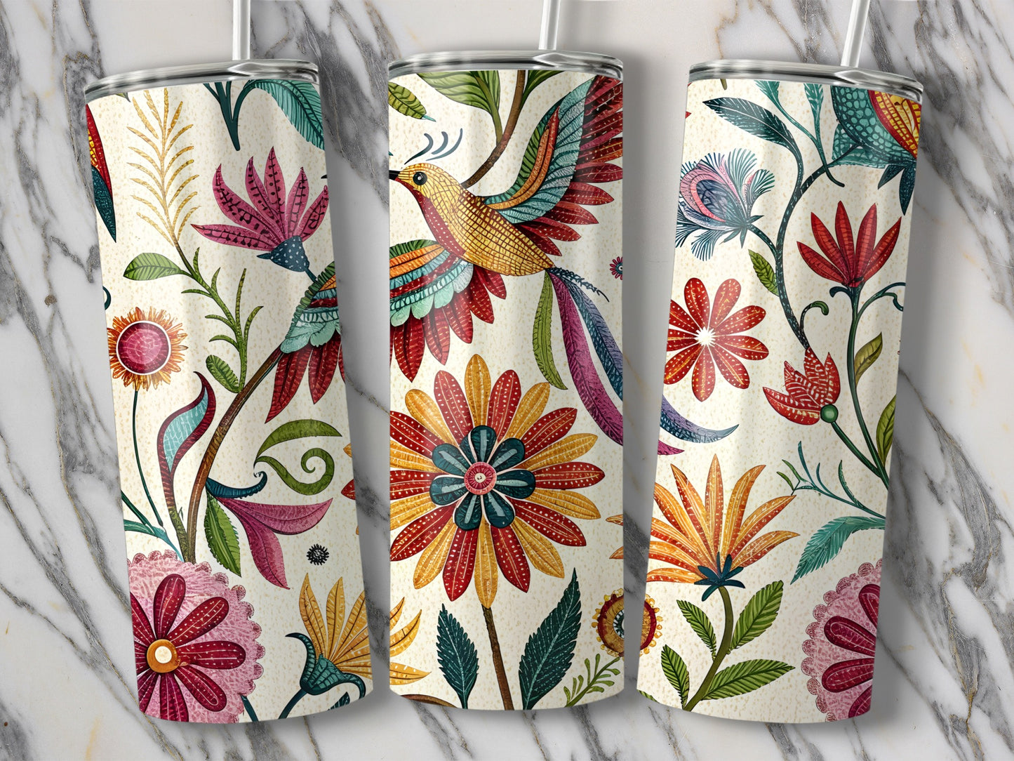 Colorful Floral and Bird Pattern Insulated Tumbler product