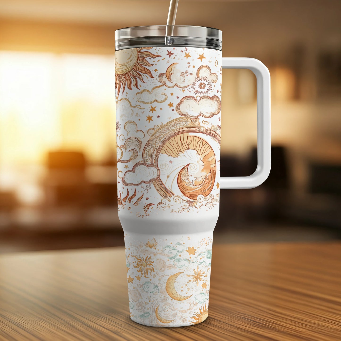 Bohemian Style Insulated Travel Mug, Celestial Sun Moon Print, White Stainless Steel Tumbler with Lid