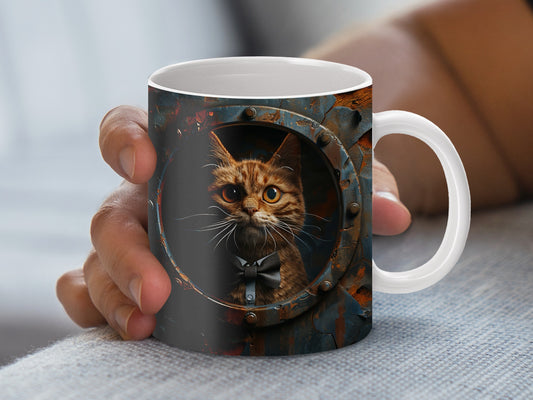 Cat Coffee Mug, Whimsical Cat in Bow Tie, Unique Pet Lover Gift, Rustic Style Ceramic Cup