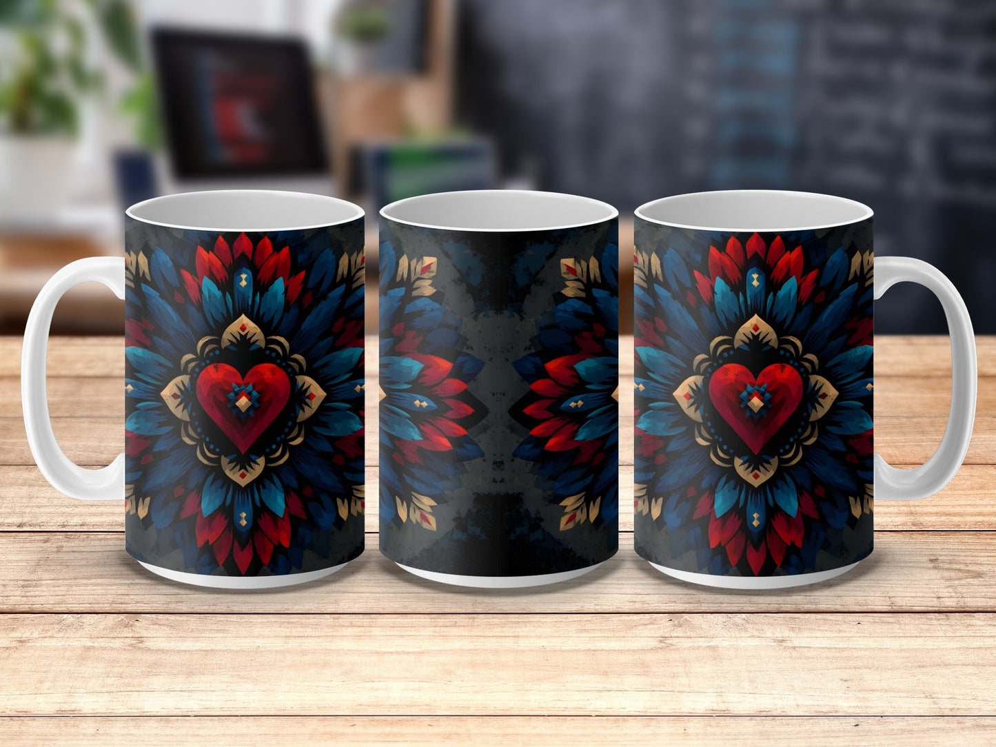 Colorful Floral Heart Design Mugs, Unique Romantic Gift, Ceramic Coffee Cup Set