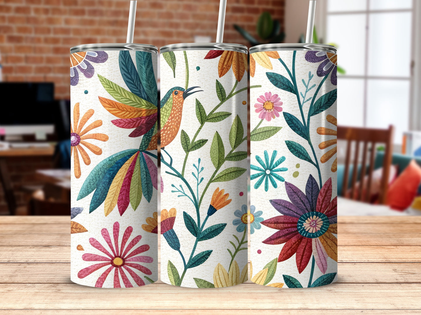 Colorful Floral and Bird Design Tumbler product