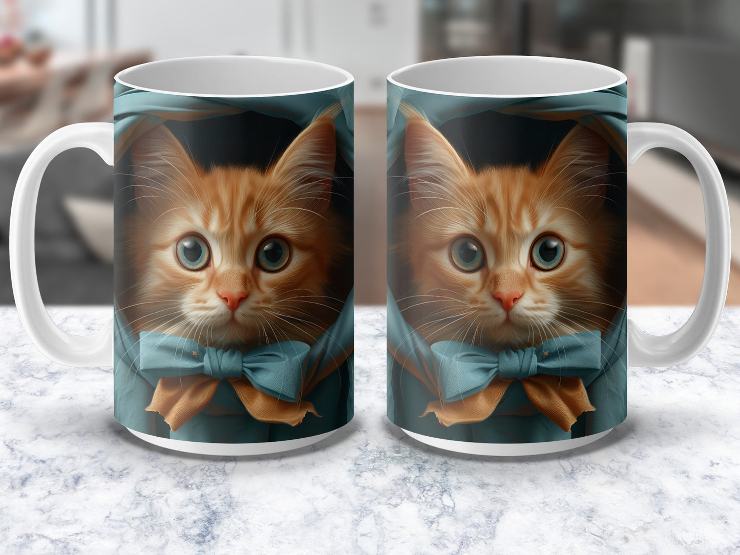 Cute Orange Cat Mug with Blue Bow Tie, Cat Lover Gift, Coffee Cup for Pet Owners