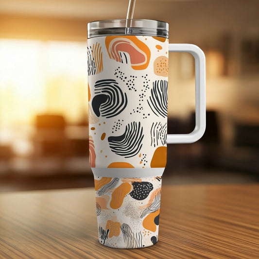 Abstract Art Travel Mug, Insulated Coffee Cup with Handle, Unique Pattern, Orange Black White, Reusable Drinkware for Hot and Cold Beverages