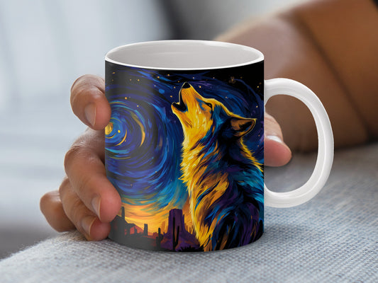Colorful Wolf Coffee Mug, Van Gogh Starry Night Inspired Artistic Cup, Unique Animal Art Drinkware