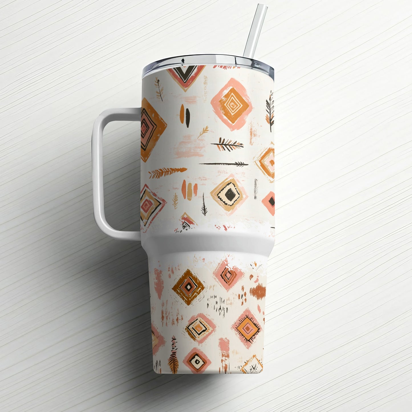 Boho Chic Insulated Tumbler, Stainless Steel Travel Mug, Tribal Print, Custom Drinkware, Eco-Friendly Reusable Cup with Straw